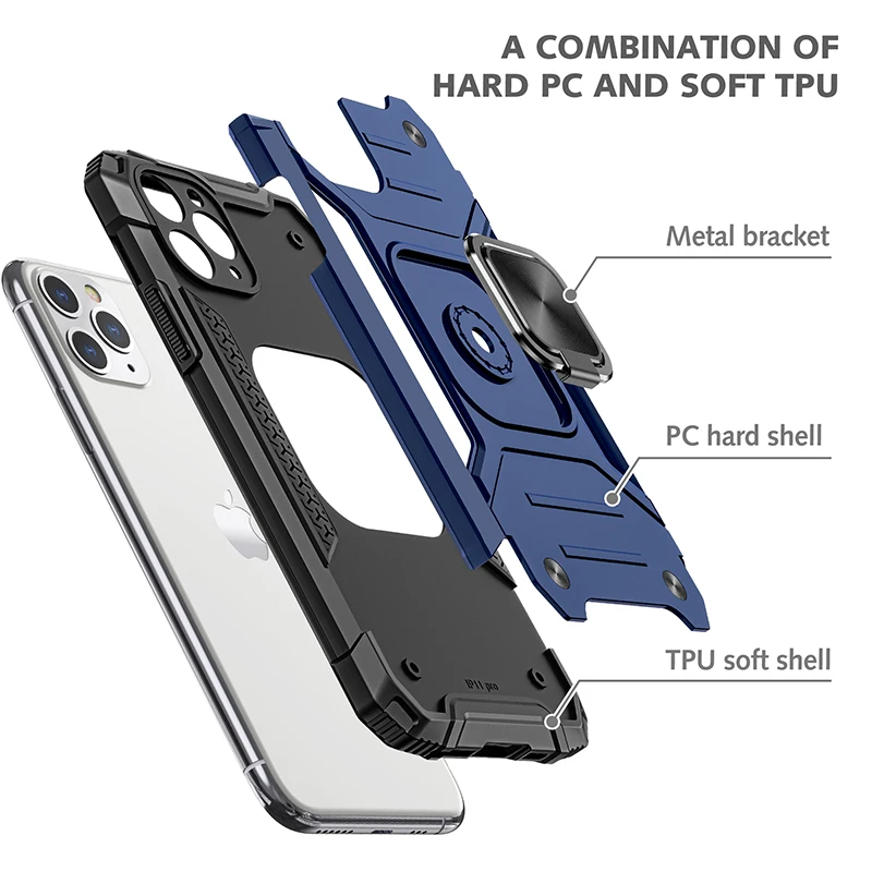 Rugged Military Grade Armor Phone Case for iPhone 12 Pro Max Mini 11 Pro XS Max XR 6 6S 7 8 Plus Ring Holder Kickstand Cover