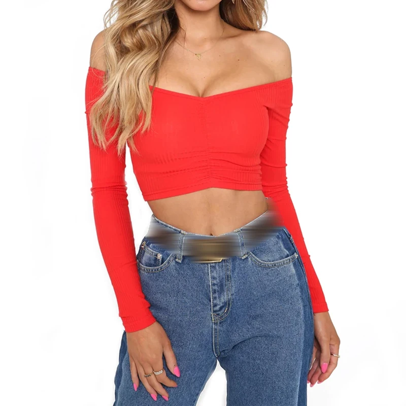 

Kayotuas Women Blouse Sexy Ladies Off-the-Shoulder Spring Autumn Casual Long Sleeve Tops Slim Fit Bodycon Fashion Basic Clothing
