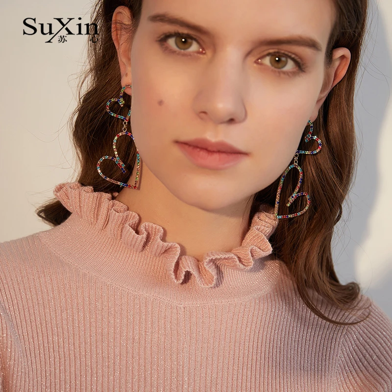 Suxin серьги 2020 новый темперамент полые Двойные сердца для женщин Длинные любовь