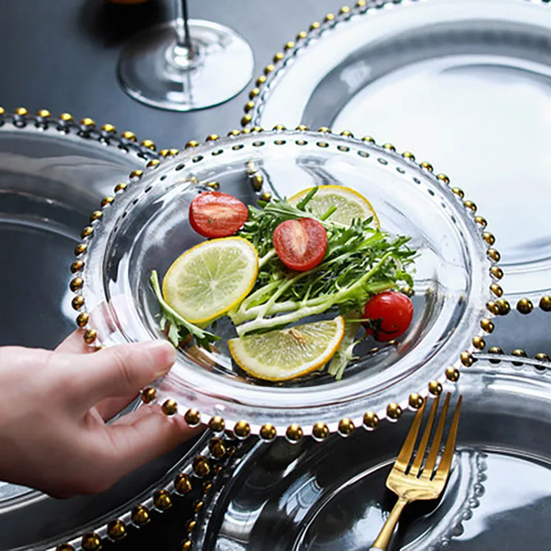

Big Platos Nordic Gold Bead Glass Plate Dishes Plates Decorative Dessert Salad Plated Салатница Тарелки Для Еды Tарелка Kерамика