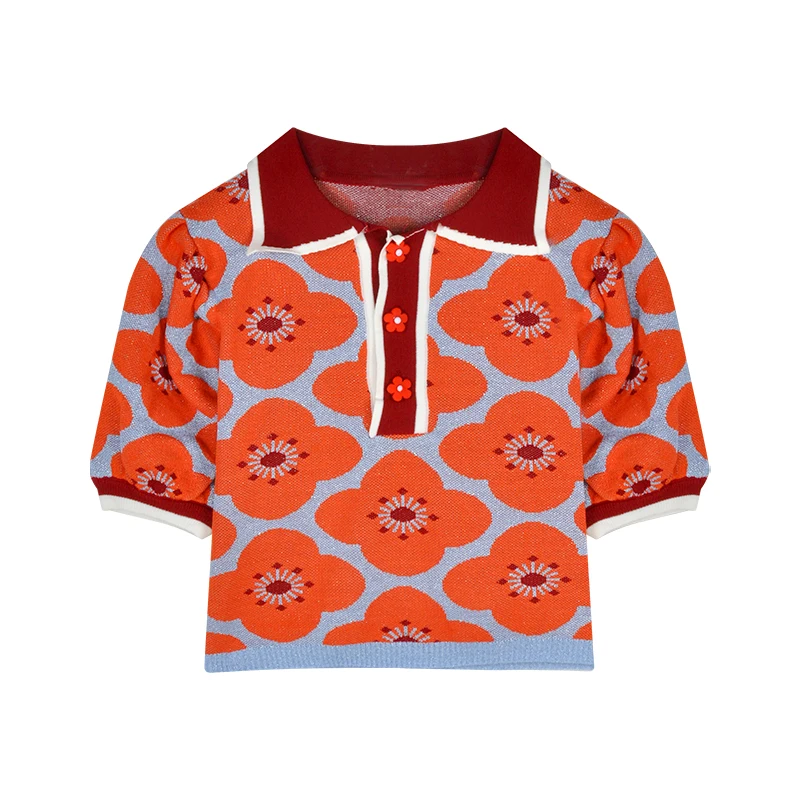 

Puff retro jacquard sweater female summer short T-shirt Slim thin section temperament short-sleeved Y2K T-shirt