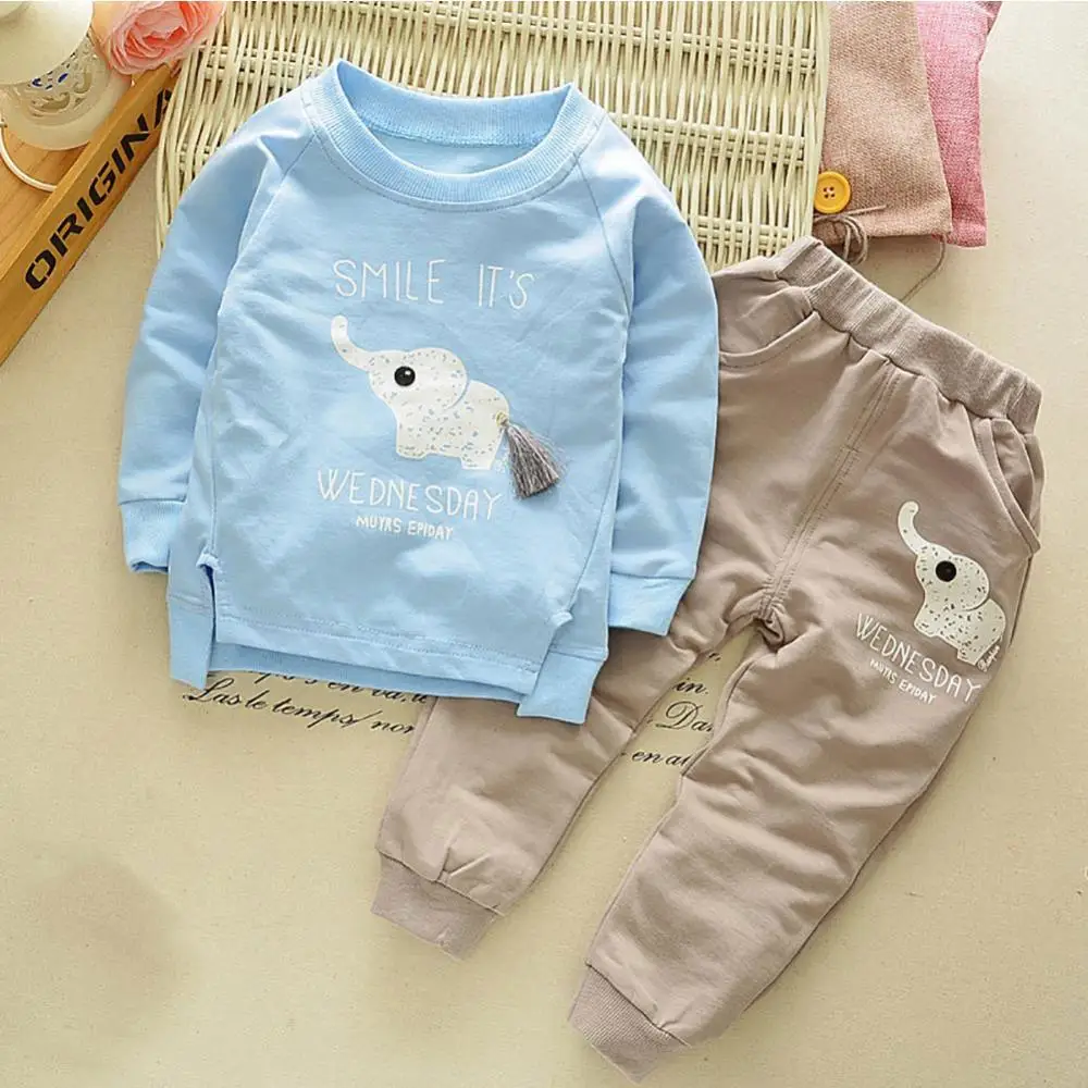 

2 piece children's long-sleeved clothes pants Baby Girl Boy Cartoon Elephant Wednesday Printed Long Sleeve T-shirt Pants Outfit