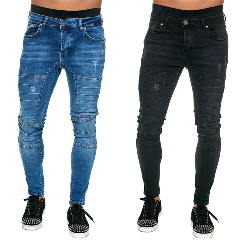 Джинсы мужские рваные мотоциклетные брюки джинсы облегающие тонкие верхняя