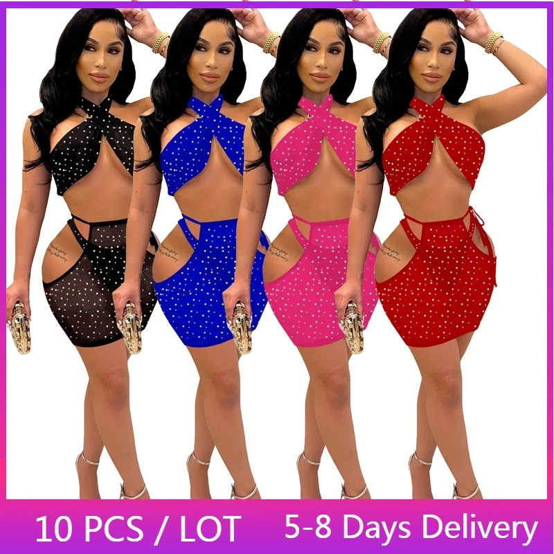 

Оптовая продажа, сексуальный купальник, Женский комплект из 3 предметов, Летний Пляжный комплект бикини с лямкой на шее и мини-юбка, блестящий бандажный купальный костюм для женщин