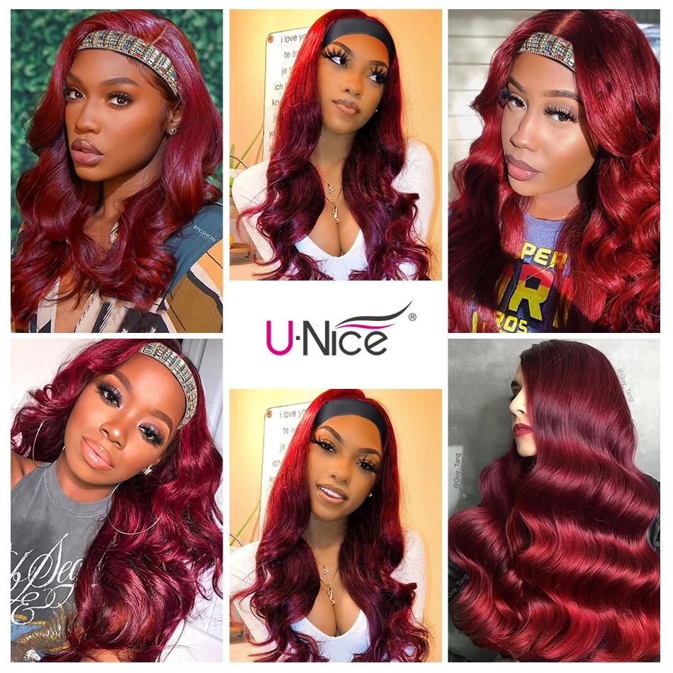 

Unice hair Red 99j Burgundy Headband Wig body Wave Colored Human Hair Wig Remy Glueless Full Machine Made Wig Beginner Friendly