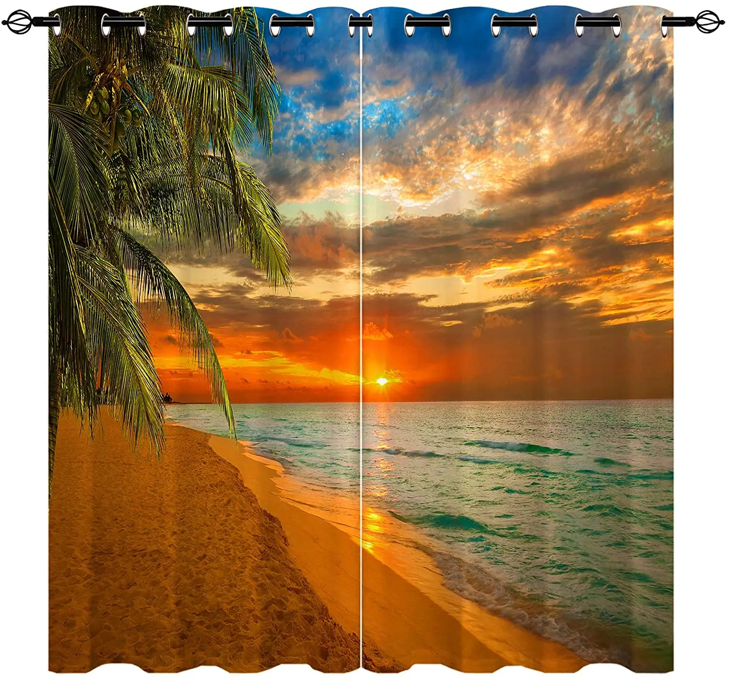 

Living Room Decoration Blackout Curtains Coastal Tropical Palm Trees Sunset Ocean Design Double Bedroom Elegant Room Curtains