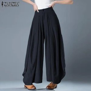 Женские льняные брюки ZANZEA, свободные однотонные длинные брюки палаццо с высокой талией, 5XL, на осень