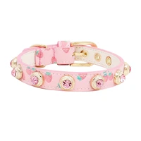 dog collar leash set pet accessories cute pink strawberry rivet gem handmade cowhide real calfskin cow leather drop shipping