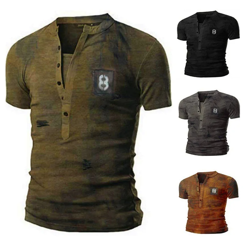 

QIWN 2021 Summer New Men's European and American Male V-loose Retro Military Uniform Minimalist T-shirt Gothic