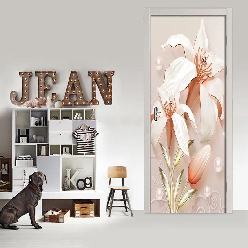 3D рельефные наклейки на дверь спальни цветы лилии DIY самоклеящиеся Настенные