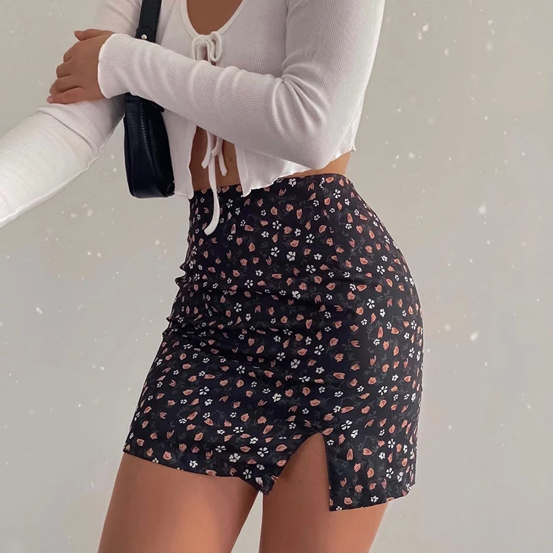 

Женская юбка с разрезом и цветочным принтом, в стиле 90-х