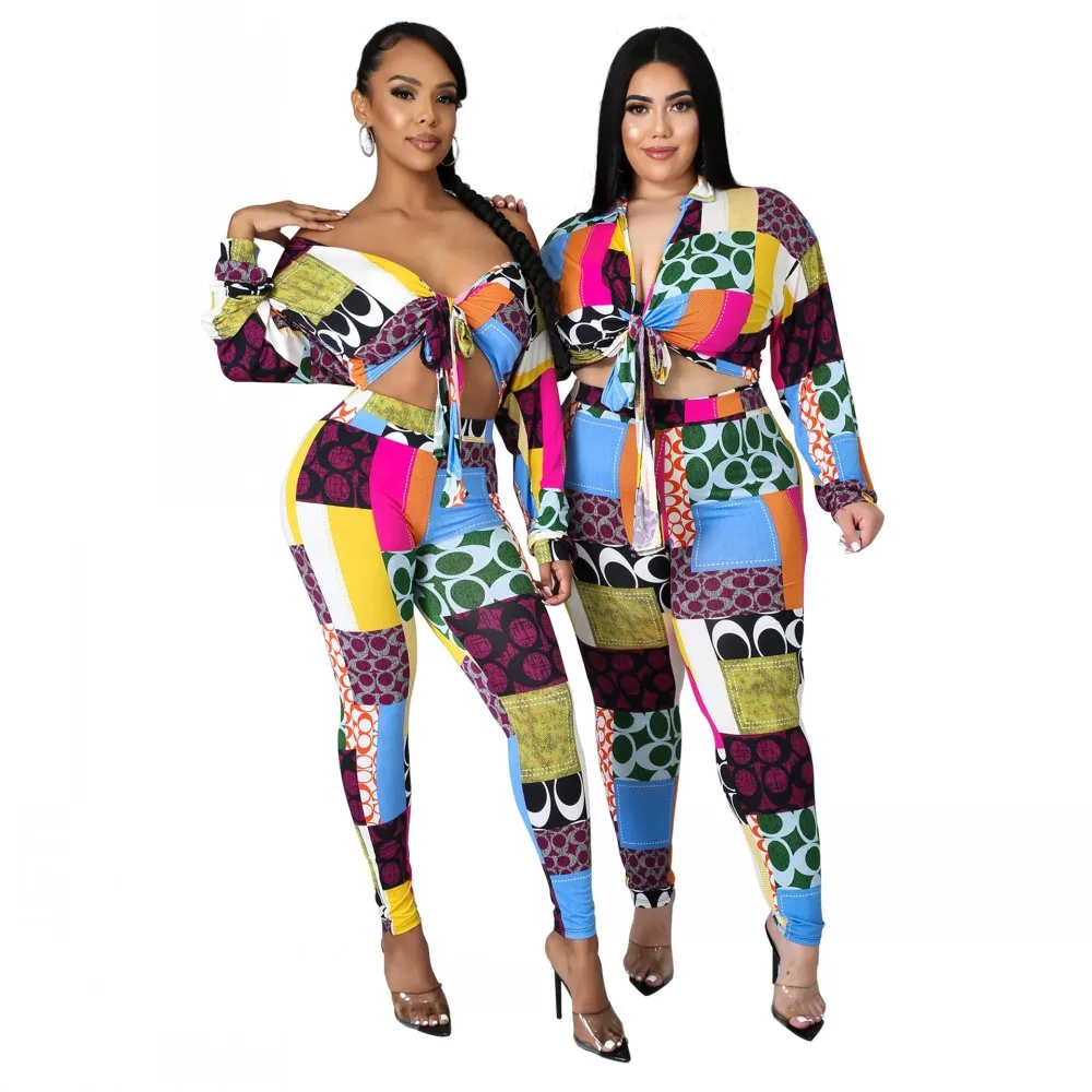 

Pant Suits 2 Piece Women Outfits Autumn New Casual Printed Tights Pants Set Top Long Sleeve Matching Fashion Two Piece Sets