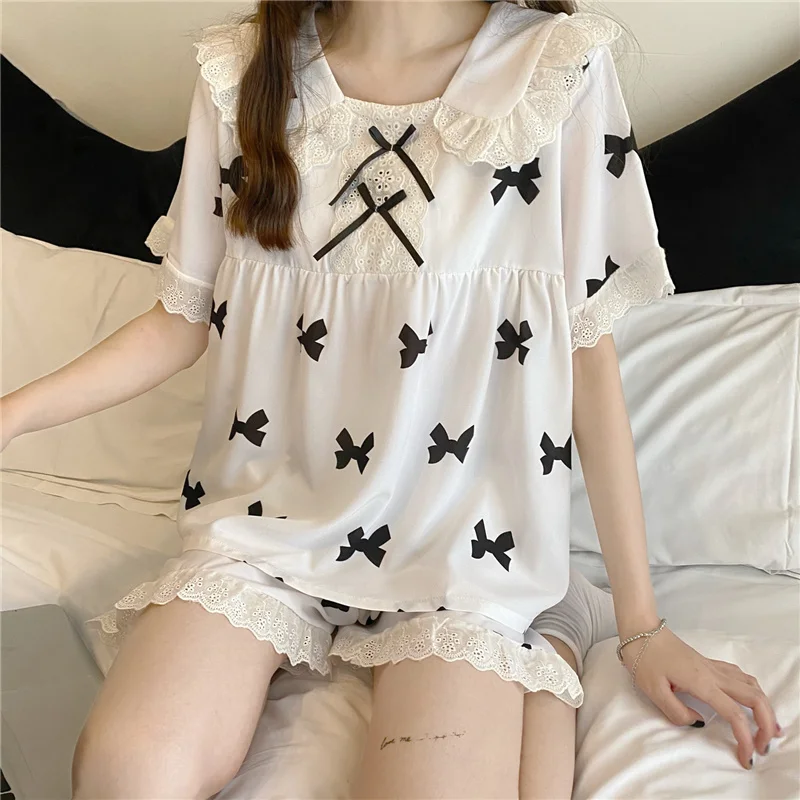 CAIYIER Summer Red Grid Pajamas Set Women Sweet Lace Short Sleeve Sleepwear Korean Gentle Girl Shorts Leisure Nightwear Homewear