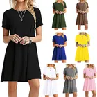 Женская летняя повседневная рубашка, 2021, Модные свободные топы с круглым вырезом, однотонная блузка, женское платье с коротким рукавом