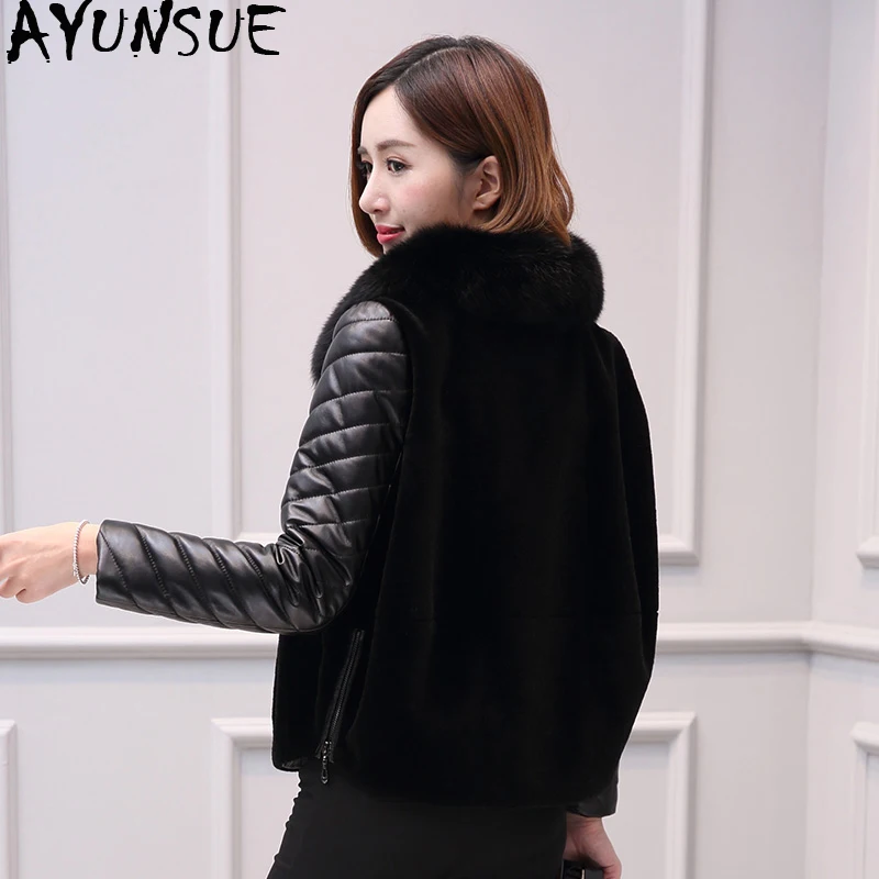 AYUNSUE шуба из натуральной овчины женская куртка кожи зимняя с воротником лисьего