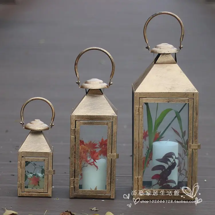 Большой металлический подсвечник скандинавский стеклянный ретро золотой Фонарь