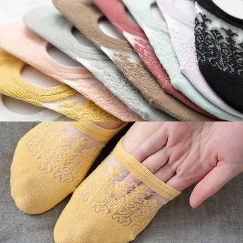 

Solid Color Transparent Short Lace Socks Women Summer Hollow Out Boat Socks Slippers Female Soft Breathable Low Invisible Socks