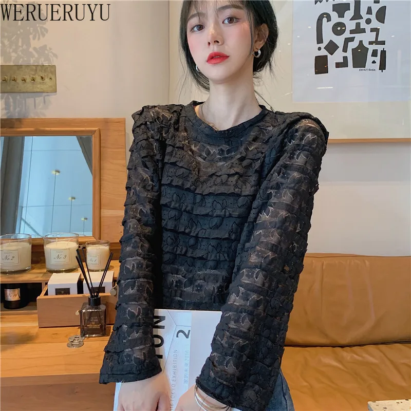 

WERUERUYU Women Mesh Sheer Polka Dot Print Long Sleeve Hollow Out Thin Lace Bottoming Shirt