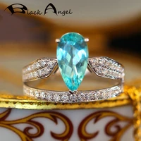 black angel new water drop crown ring for women imitation paraiba blue tourmaline female double layer cz silver party jewelry