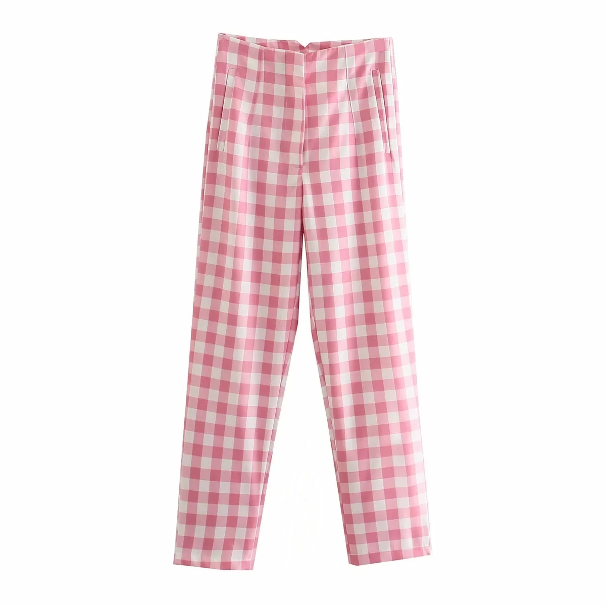 

Women Chic Fashion Plaid High Waist Pants Vintage Zipper Fly Pockets Office Wear Female Ankle Trousers