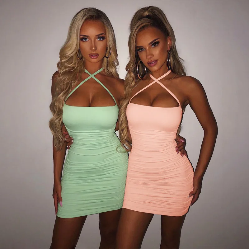 

2021 Summer Sexy Mini Dress Women Solid Backless Sleeveless Cross Strap Bodycon Dresses Women's Elegant Slim Party Dress