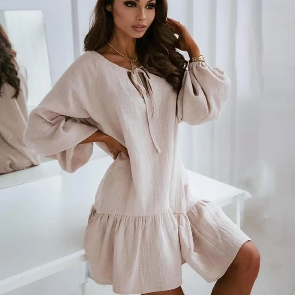 

Spring Autumn Woman Dress 2021 New Fashion Casual Loose Long Sleeve Ruffles V-Neck Pink Black White Dresses For Women Robe Femme