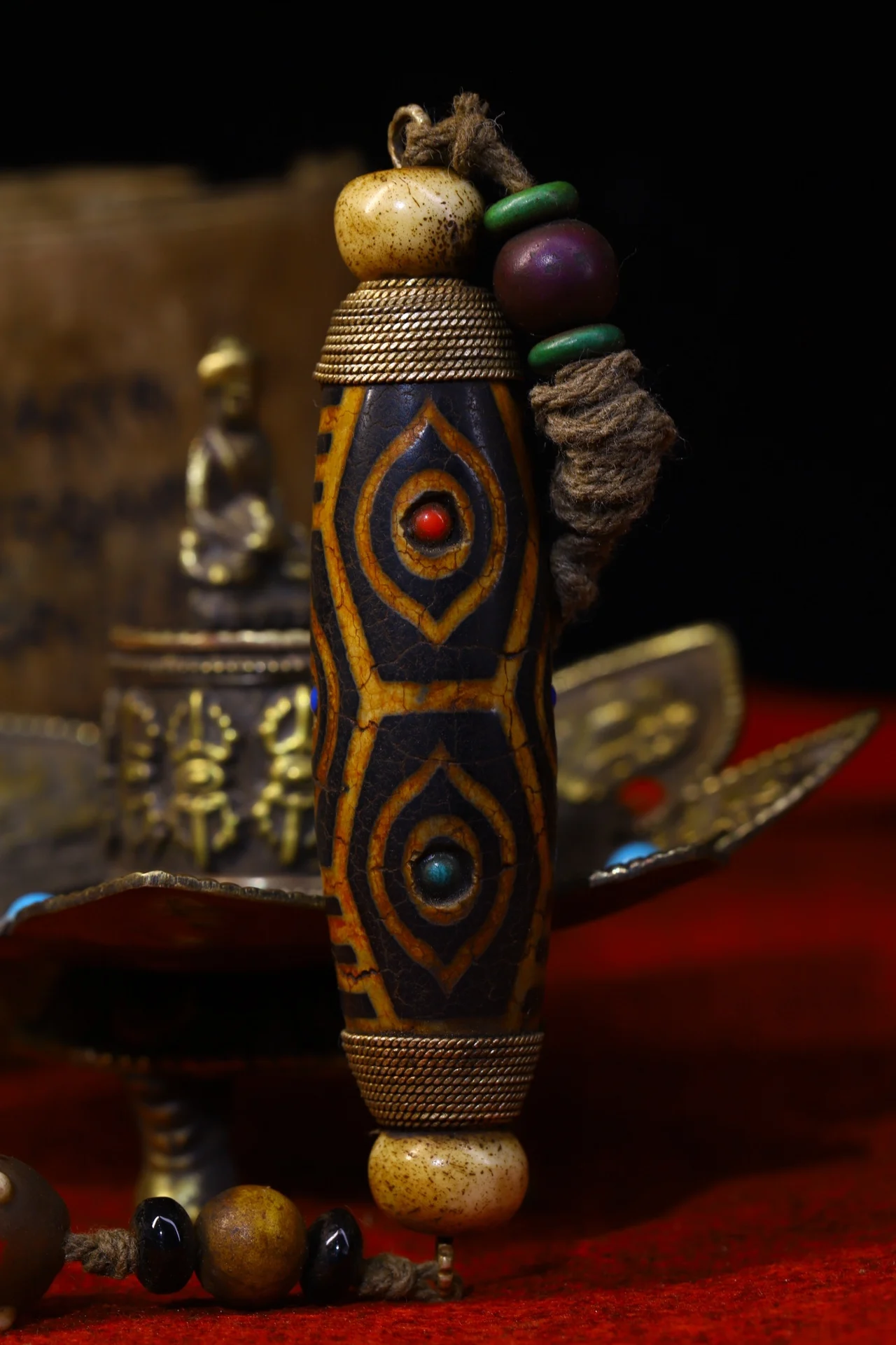 

4"Tibet Temple Collection Old Natural agate Filigree mosaic Gem Dzi Bead Nine Eyes Pendant amulet Town House Exorcism