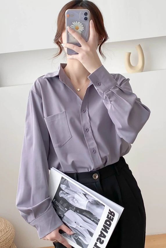 

Houthion Chiffon Slim Women's Blouses New Casual Blouse Fashion Long Sleeve Top Solid Color Buttons Polo Shirt Spring/autumn