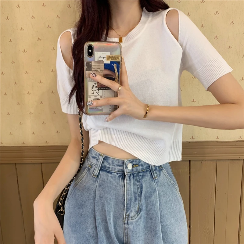 

Chic Hollow Out Dew Shoulder Short Sleeve Women Summer Casual Solid Color Knitted T-shirts Tee Tops Black/White Female Short Top