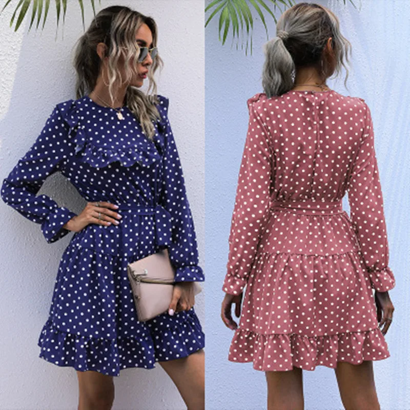 

Fashion Ruffled Decorative Belt Ladies Polka Dot Print Dress Sweet Girl Casual O-neck Long Sleeve Mini A-line Fall 2020 Dress