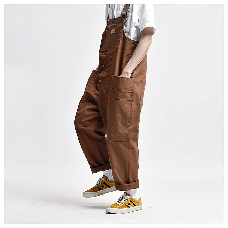 

Spring/Autumn Men Amekaji Multi-pockets Bib Pants For Men Overalls jumpsuits Loose Casual Suspenders Trousers