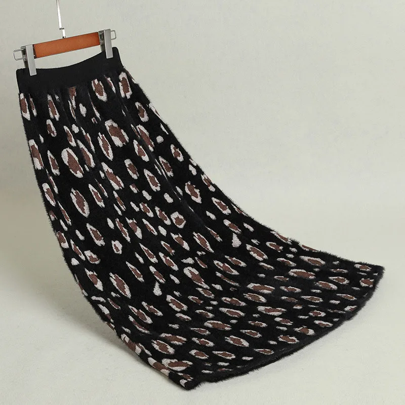 Женская леопардовая юбка вязаная осенне-зимняя плотная кроличья шерсть