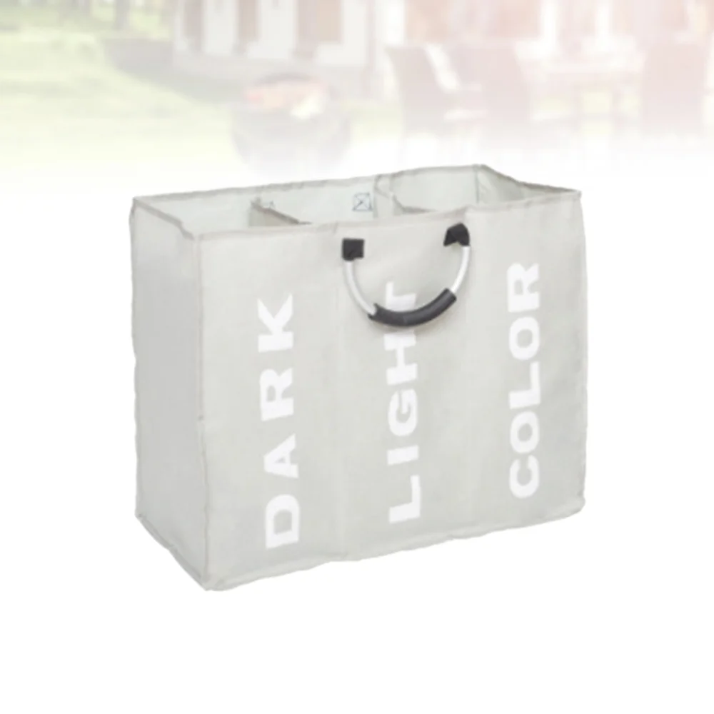 

1pc Laundry Bag 3 Slots Folding Dirty Laundry Bin Handled Waterproof Laundry Hamper (Light Grey)
