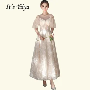 Bridesmaid Dresses Long It's Yiiya BR487 Elegant Spaghetti Strap Champagne Bridesmaid Dress Short Sleeve Wedding Guest Gowns