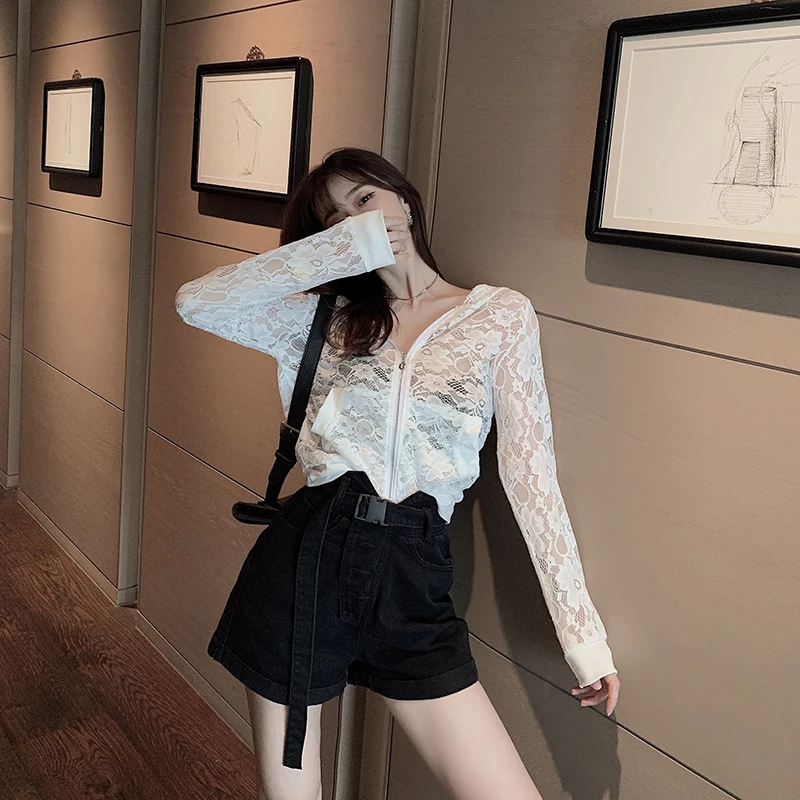 Summer Hooded Zip Cardigan Women Flower Floral Lace Cropped Jacket Ladies Sheer Transparent Thin Sunproof Tops |