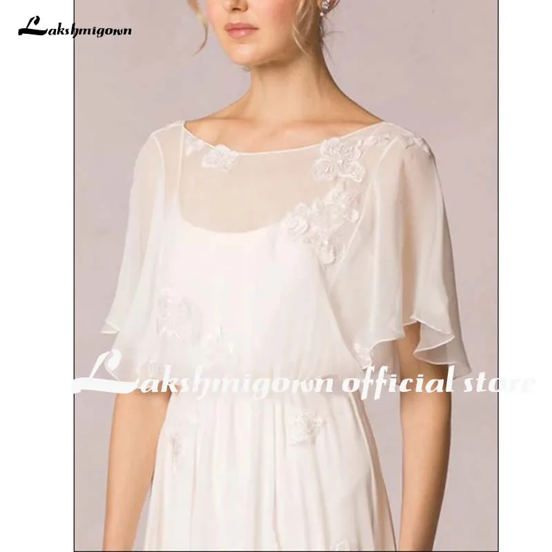 

2020 Bohemian Wedding Dresses Poet-Sleeve Appliqued Chiffon Wedding gown With Pleats Sheath Scoop-Neck Floor-Length Bridal Gown