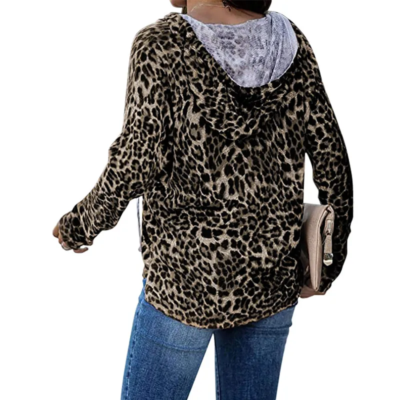 

Womens Leopard Print V Neck Tops Autumn Hooded Long Sleeve Casual T Shirt Blouse
