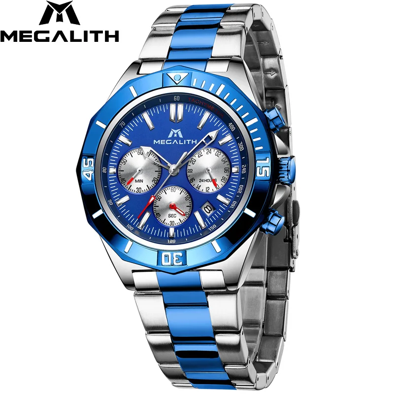 Relogio Masculino MEGALITH часы мужские спортивные водонепроницаемые военные кварцевые часы из нержавеющей стали светящиеся наручные часы с хронографом - Цвет: steel blue