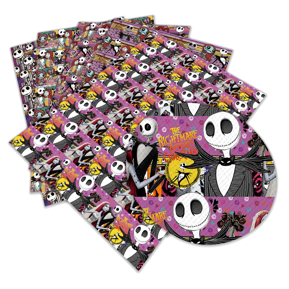 

The Corpse Bride Cartoon Printed Faux Leather Sheets Lychee Bottom Synthetic Fabric for DIY Hair Bows Earrings Craft 22*30cm