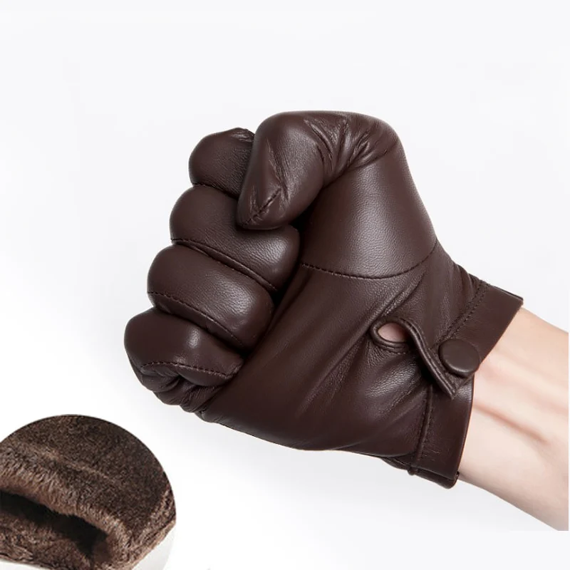 brown warm lining Мужские зимние кожаные перчатки теплые вязаные шерстяные накладки на запястье кнопки цельный кусок овечьей кожи сенсорный экран зимние перчатки - Цвет: brown warm lining