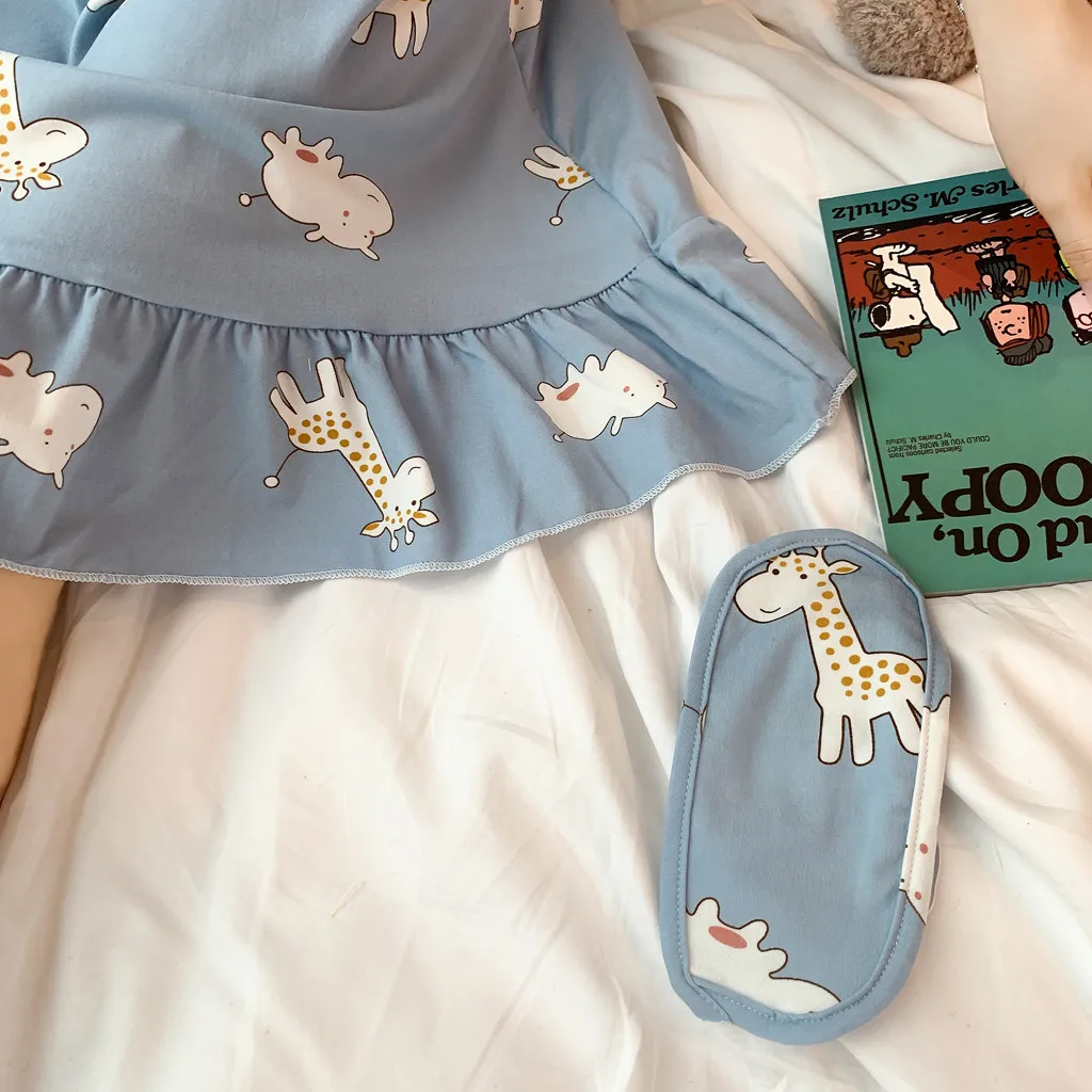 

Women Fashion Casual Print V-Neck Sleeveless Cotton Bow Blue Loose Sweet Sleepwear Nightwear Homewear Mini Dress Daily