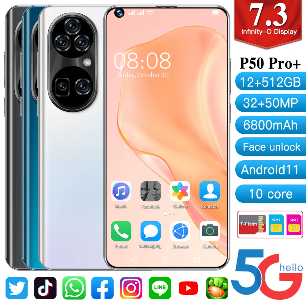 

Smart Phone P50 Pro 16GB+512GB 6000mAh 6.7 Inch Full Screen Face/Fingerprint Unlock Dual Sim Phone Smartphone 32+50MP
