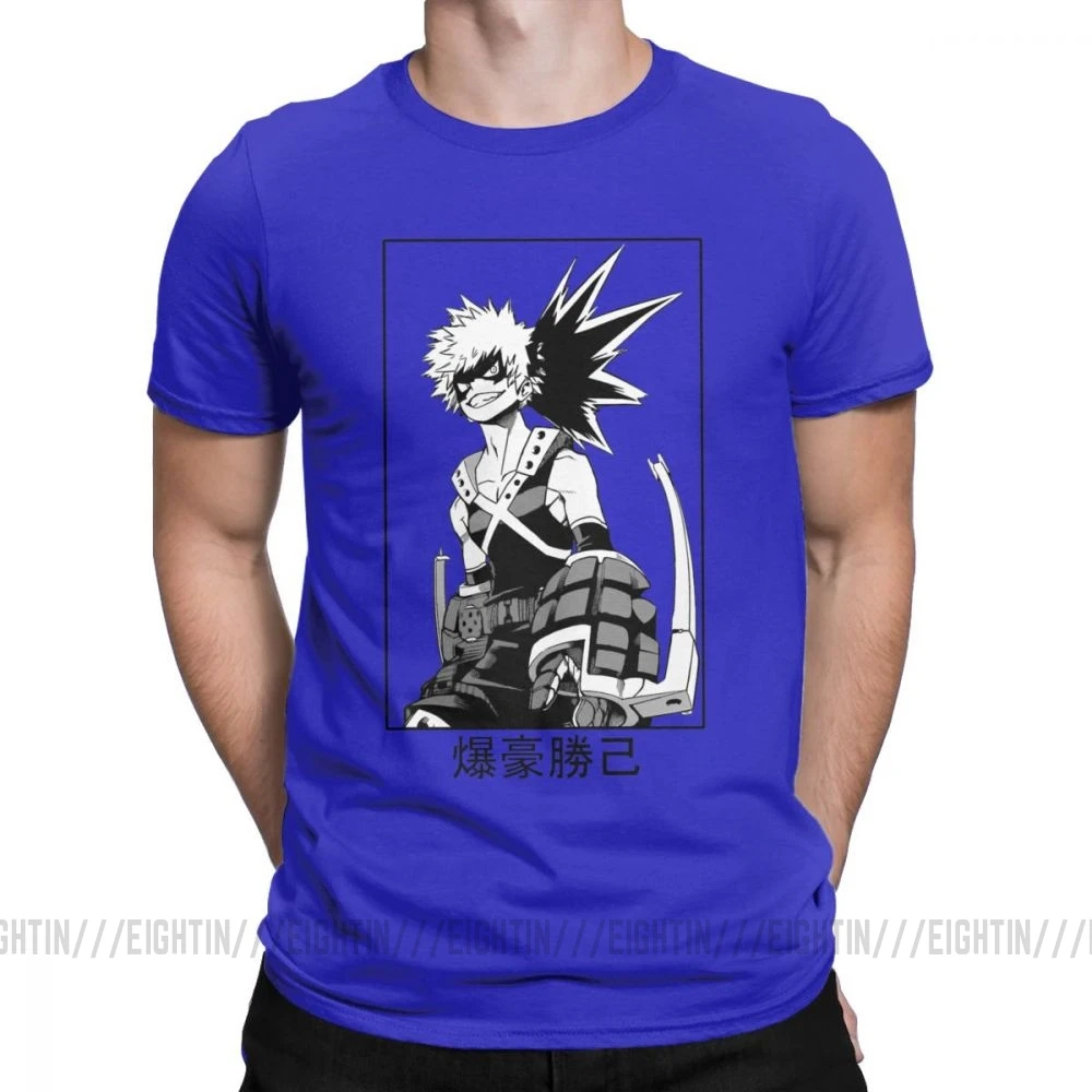 Мужская футболка с надписью «Katsuki Bakugo», футболка с надписью «My Hero Academy», новинка, топы с короткими рукавами и круглым вырезом, хлопковые футболки размера плюс - Цвет: Синий