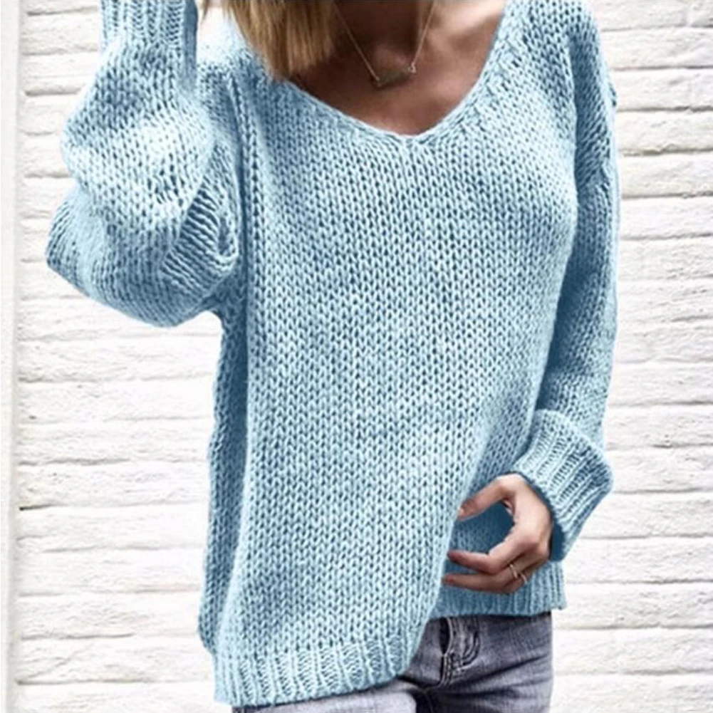 2020 Casual Women Loose Solid Color Knitted Sweater V Neck Long Sleeve Top Women's Clothing свитера женские  pull femme