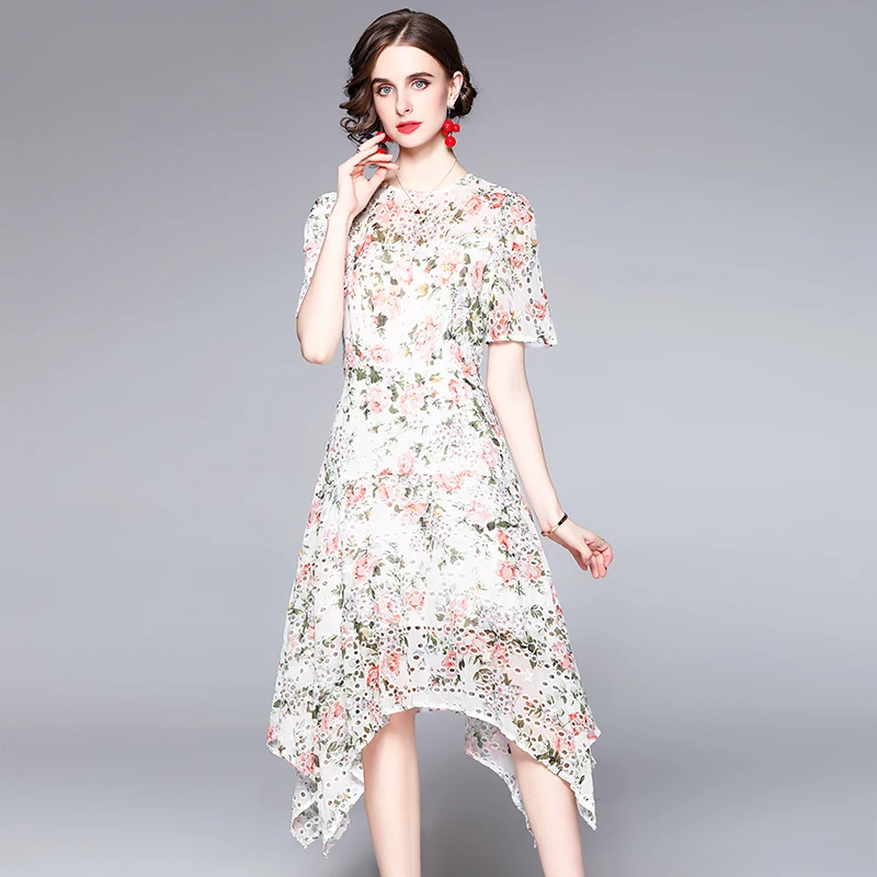 

Women's Runway Fashion Hollow Out Embroidery Midi Asymmetrical Dress Summer Short Sleeve Floral Printed Party Vestidos Female