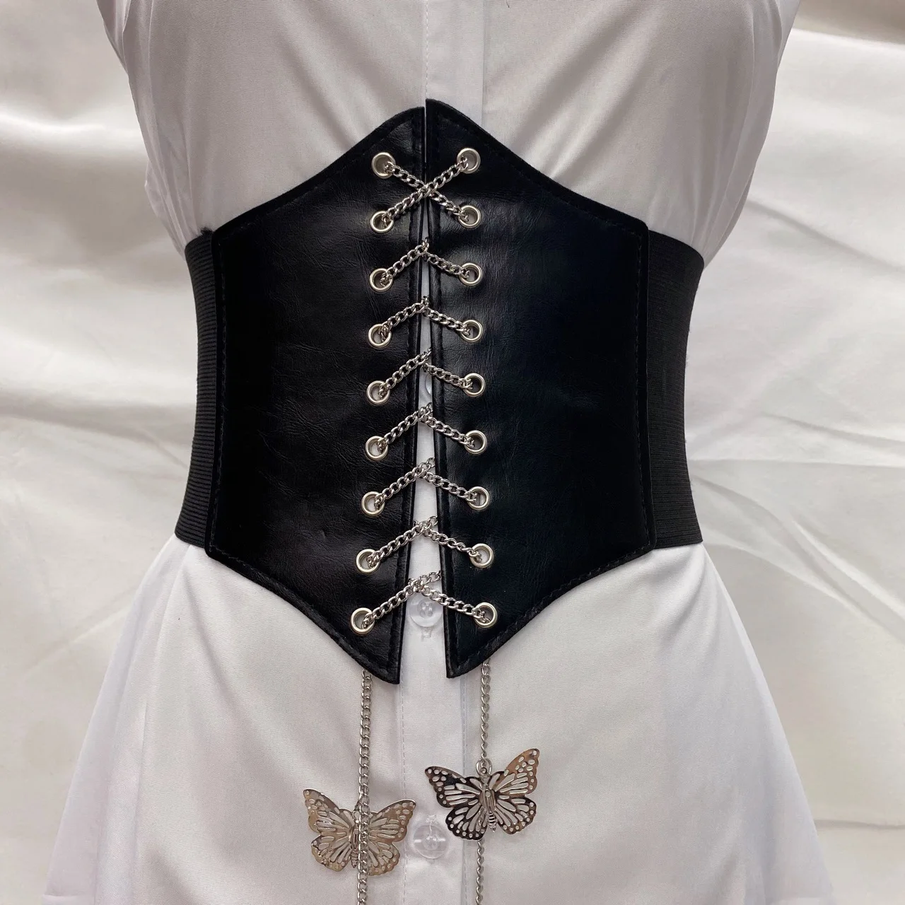 Gothic Corset Wide Pu Leather Slimming Body Belts Butterfly Chain Women Elastic High Waist Belts Feminin Ceinture Femme VD2597