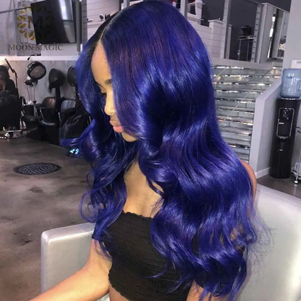 Синий парик из человеческих волос цветные парики на сетке спереди T часть