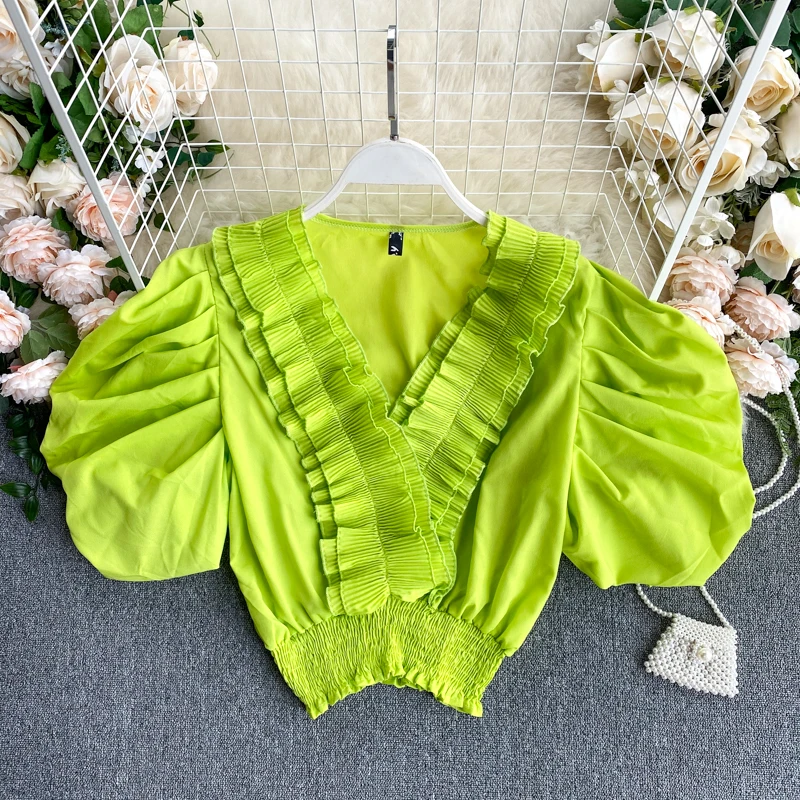 SINGRAIN женская шифоновая блузка с рюшами v-образным вырезом и рукавами-фонариками