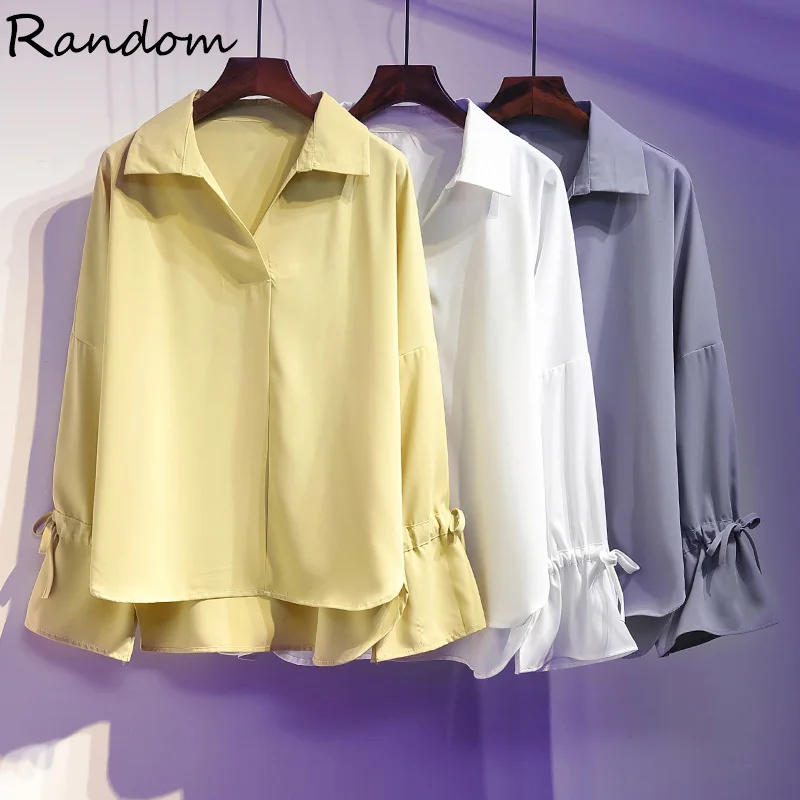

Plus Size Women Office Lady Yellow Shirt Female White Tops Vintage Chiffon Flared Long Sleeve Blouse Blue Korean irregular Cloth
