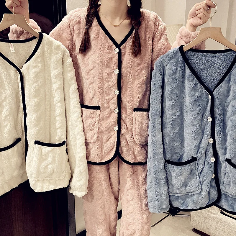 

Fdfklak Coral Velvet Pajamas Warm New Flannel Autumn Winter Thickened Home Suit Women Warm V-Neck Female Pyjamas Sets